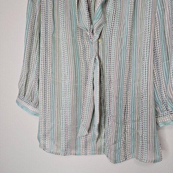 Vintage TJW By Mervyns Striped Button Up Blouse Balloon Sleeve Built in Scarf - Picture 4 of 8